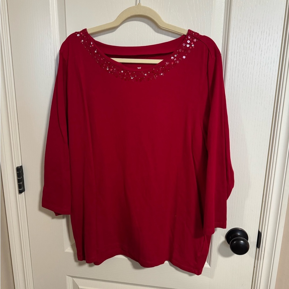 Talbots Red 3/4 Sleeve Top with Embellished Neckline – Classic Dressy Blouse